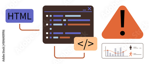 HTML tag, coding interface with bug highlights, triangle warning, and analytics chart. Ideal for coding, debugging, programming, error management, data analysis software flat design metaphor