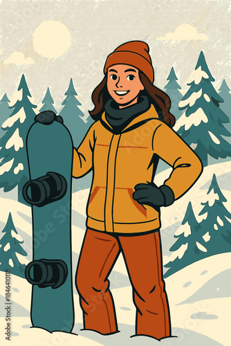 A young, charismatic female snowboarder poses atop a hill in a snowy forest on a sunny winter day, holding her board