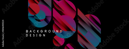 Abstract geometric shapes overlap, creating vibrant color gradients. Dark background emphasizes bright design elements. Modern aesthetic.