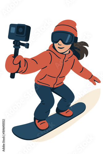 A female snowboarder captures a selfie with her GoPro while descending the hill
