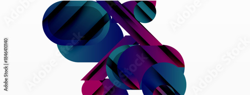 Abstract composition featuring overlapping geometric shapes. Purple, blue hues dominate, creating dynamic visual effect. Minimalist design.