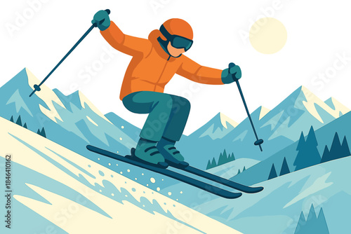 A skier leaps down a sunny mountain slope, equipped with professional gear, amid snowy peaks