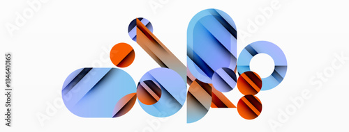 Abstract geometric shapes overlap, creating dynamic composition. Blue, orange hues dominate minimalist design. Clean lines, modern aesthetic.