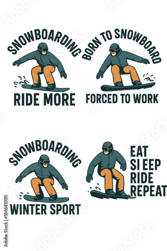 A collection of snowboarding insignias featuring riders descending slopes and chic retro typography quotes celebrating winter sports