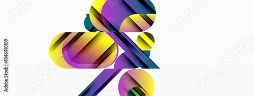 Abstract colorful shapes overlap, creating dynamic composition. Gradient hues blend, offering modern aesthetic. Bright visuals dominate white background.