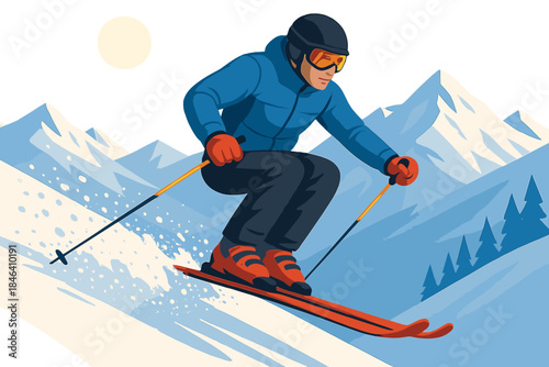 A professional skier mid‑jump, filmed in 4K, with powder snow flying off the skis on a bright, crisp day on a mountainside, displaying a focused and determined expression