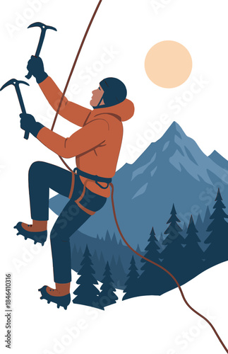 A man climbs a high ice wall in the Alps during an evening winter sport training session