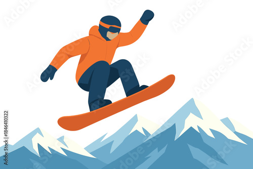 A snowboarder soaring above mountain peaks, an extreme winter sport