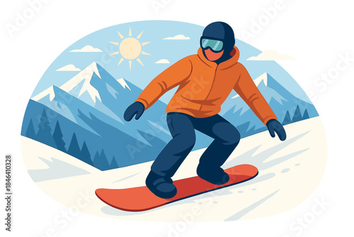 A snowboarder rides a red board down a sunny mountain slope, embodying the spirit of snowboarding and winter sports