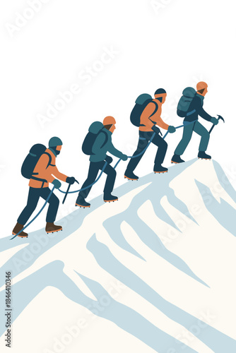 A team of climbers ascending a snowy summit, bound together for safety