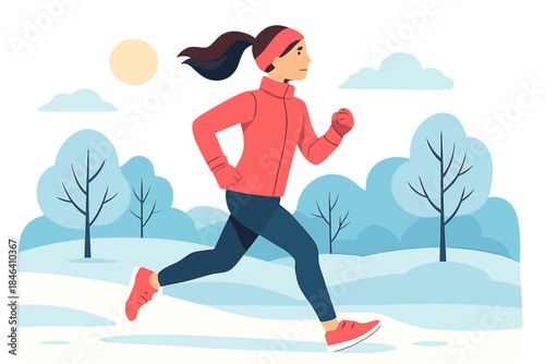 A woman in pink sportswear jogs across a snowy park on a sunny winter day, enjoying the freedom and leisure of outdoor fitness