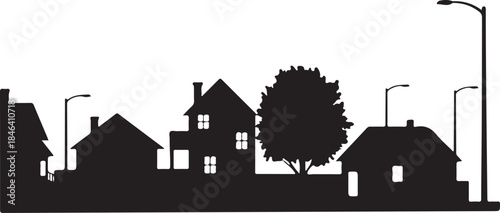 Suburban Neighborhood Silhouette with Houses and Trees.