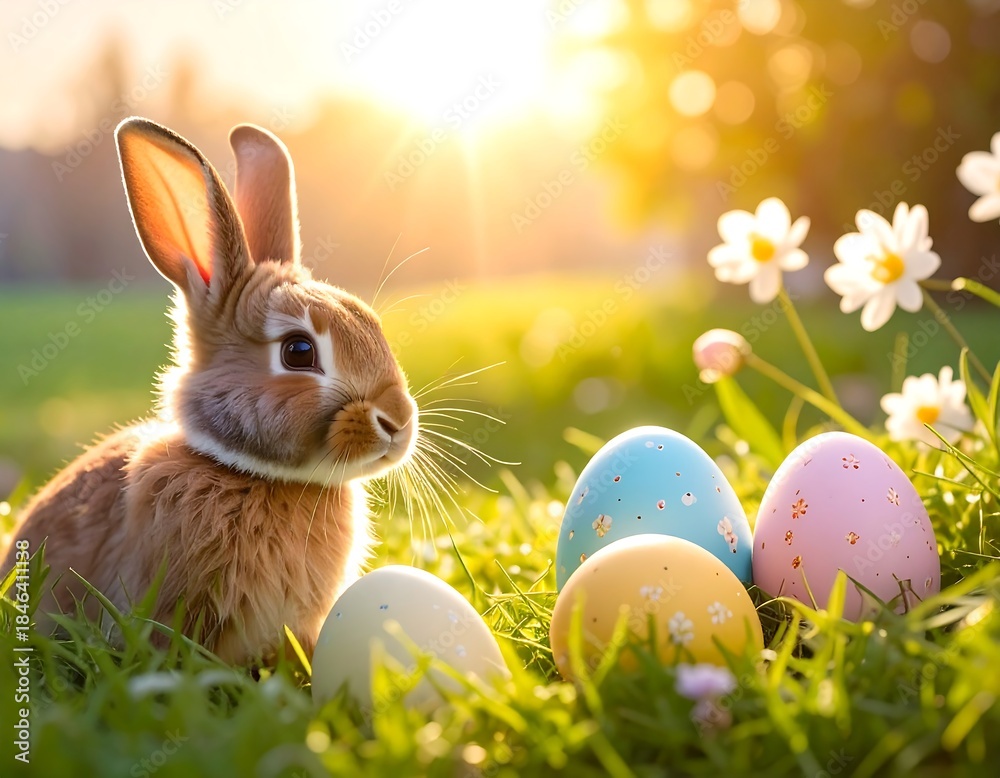 Fototapeta premium Adorable bunny with pastel eggs sits amidst a sunlit spring meadow with daisies and lush green grass