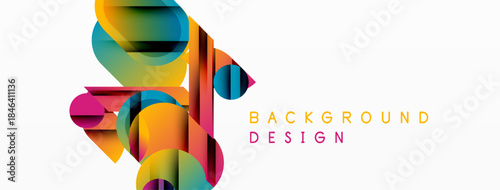 Abstract geometric shapes overlap, creating vibrant colorful design. White background provides clean contrast. Modern aesthetic.