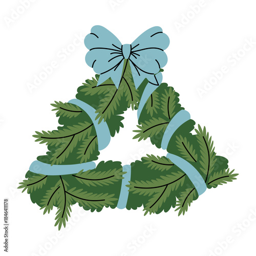 Christmas flat colored wreath in shape of triangle with painted fir branches wrapped with a ribbon and a bow. An element of homey decoration for holiday invitations, greeting cards and winter decor.