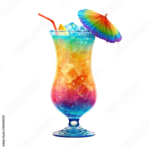Vibrant rainbow layered cocktail with ice and colorful umbrella isolated on transparent background