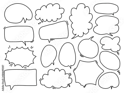 A collection of hand-drawn speech and thought bubbles in various shapes and sizes