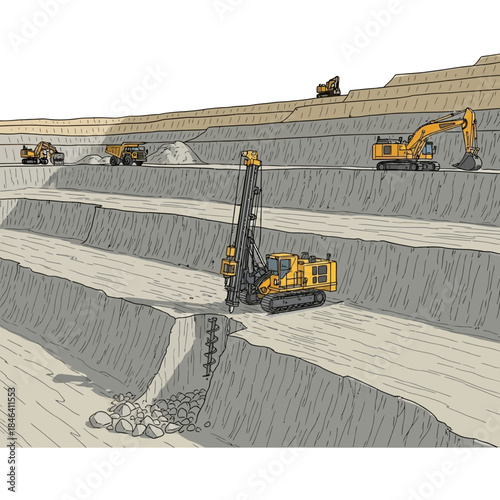 Heavy machinery operating in a large open-pit mine.