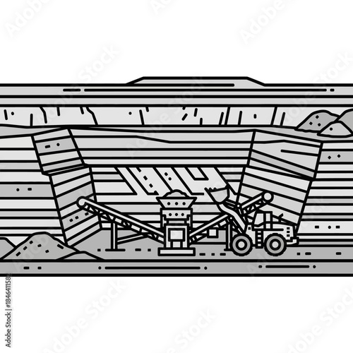 Mining operation with heavy machinery and conveyor belt.