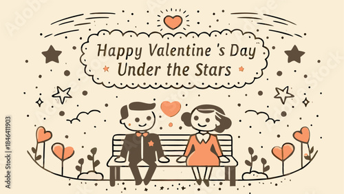 A cute cartoon couple sits on a bench under a glowing heart constellation