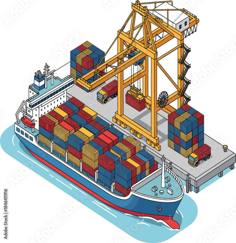Container Ship and Globe Map Vector for Global Shipping and International Trade