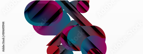 Abstract geometric shapes overlap, creating vibrant color gradients. Composition features circles, rectangles, dynamic angles. Minimalist design, clean background.
