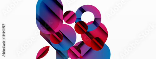 Abstract shapes overlap, creating vibrant color blends. Composition features blues, pinks, reds on white background. Modern design.