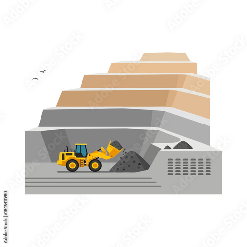 Yellow bulldozer loading coal into a mine pit.