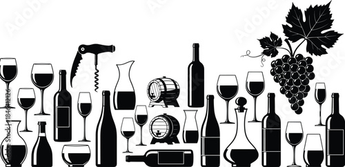 Black and White Wine Bar Vector Set, Assortment of Bottles, Glasses, Barrels, Grapes and Corkscrew, Vineyard Winery Collection, Alcohol Beverages Graphic, Isolated Background