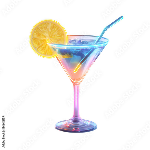 Vibrant blue and pink cocktail with lemon slice and straw isolated on transparent background