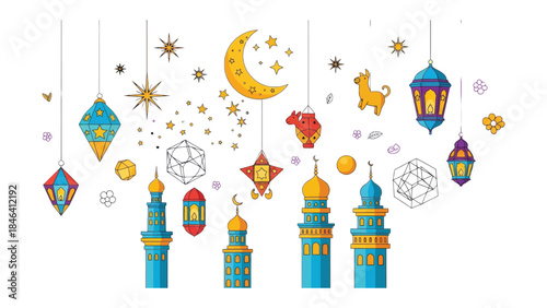 Celebratory Lanterns: An array of detailed lanterns, along with symbolic celestial bodies and architectural elements, create a festive scene perfect for celebrations. 