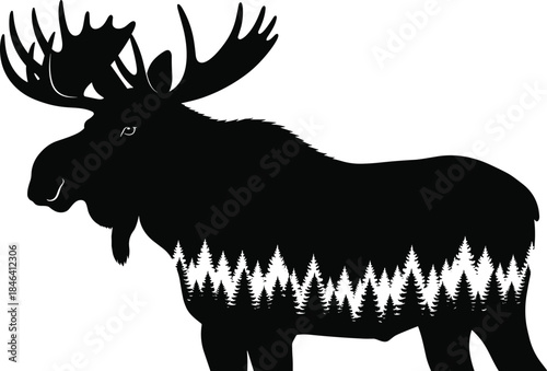 Black silhouette vector illustration of a massive moose with huge antlers and a pine forest landscape inside, representing nature, wildlife, wilderness, and northern adventure