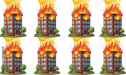 Building apartment residential house on fire; urban disaster emergency situation; blazing flame destruction; insurance claim concept; property damage; accidental destruction; safety risk; danger; acci