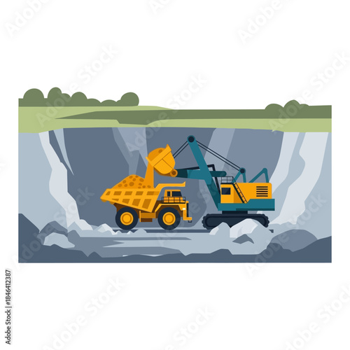 Excavator Loading Dump Truck in Open Pit Mine.