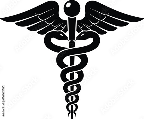 Classic black and white Caduceus vector illustration, the symbolic staff of Hermes and Mercury, representing commerce, negotiation, and historically, medicine and healthcare services