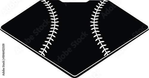 Classic black baseball home plate icon or rubber base design with stitching details, representing sports, game competition, victory, and professional team equipment graphics