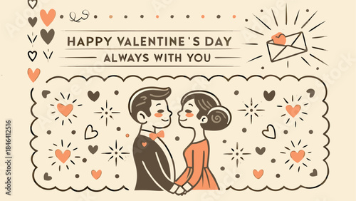 A romantic couple shares a tender gaze surrounded by hearts and valentine's day decorations on a light background