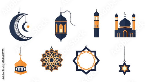 Islamic Iconography: A collection of meticulously crafted Islamic icons, symbolizing heritage and spirituality, features crescent moons, ornate lanterns, minarets, and a magnificent mosque.