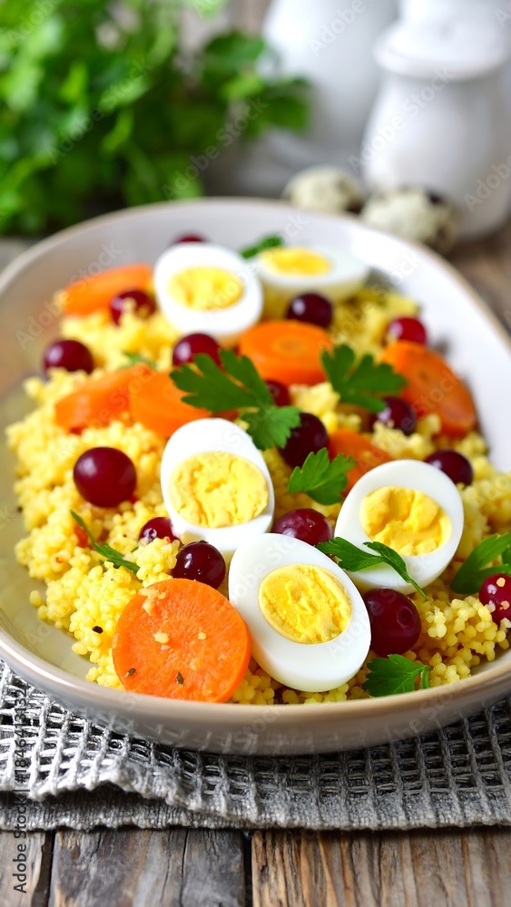 Fototapeta premium Colorful couscous salad with eggs, carrots, and grapes