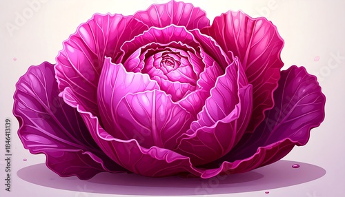 A vibrant pink-purple cabbage with layered, ruffled leaves, shadowed softly on a creamy background