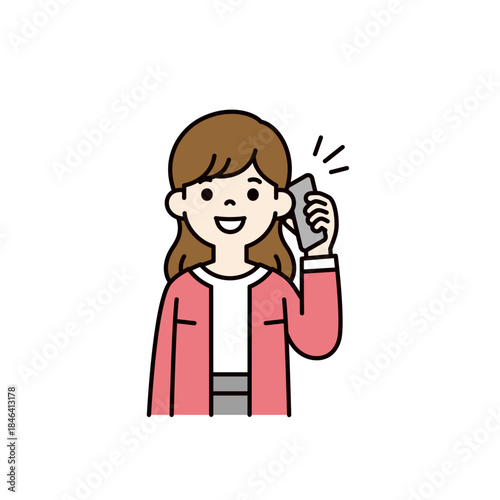 スマートフォンで通話する・話す、若い女性・主婦・ママの上半身ベクターイラスト素材＿カラー