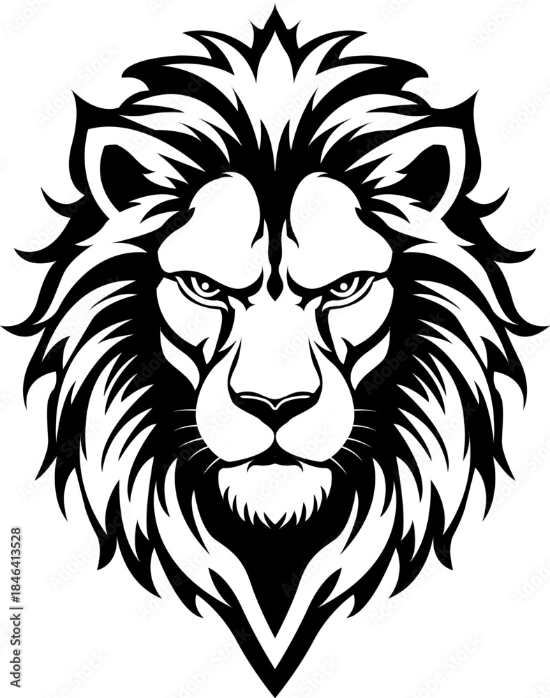 Fototapeta premium Monochrome Lion Head Vector Emblem with Intense Gaze and Detailed Mane, Transparent PNG and Editable EPS