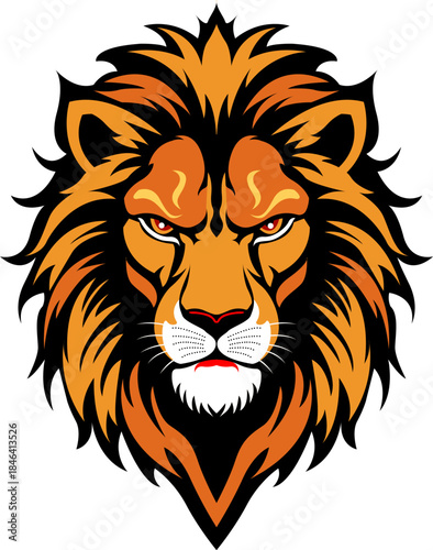 Fierce Lion Face Vector Illustration with Intense Red Eyes and Bold Mane, Transparent PNG and Editable EPS