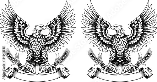 Detailed black and white engraving style bald eagle heraldic crest set, grasping wheat sheaves and ribbon banner, majestic symbol for strength, freedom, emblem, and logo design.
