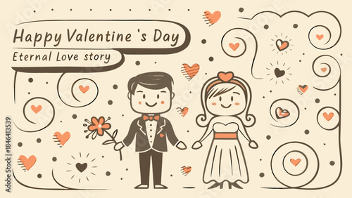 A loving couple surrounded by swirling hearts and glowing light on valentine's day