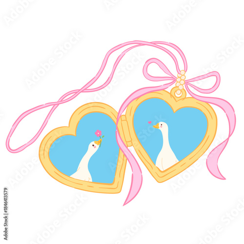 Cute Heart Locket with Goose Illustration