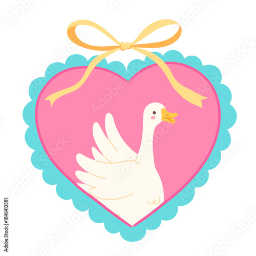 Goose Cartoon with Ribbon Bow in Heart Frame Illustration