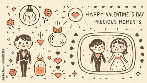 A cartoon illustration of a loving couple surrounded by glass heart ornaments and valentine's day decorations on a soft background