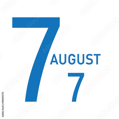 Bold blue number seven alongside capital 'AUGUST' text and a secondary smaller blue seven on a crisp white background signifying the seventh day of