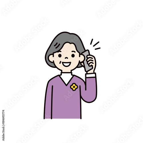 スマートフォンで通話する・話す、おばあさん・祖母・中高年女性のベクターイラスト素材＿カラー